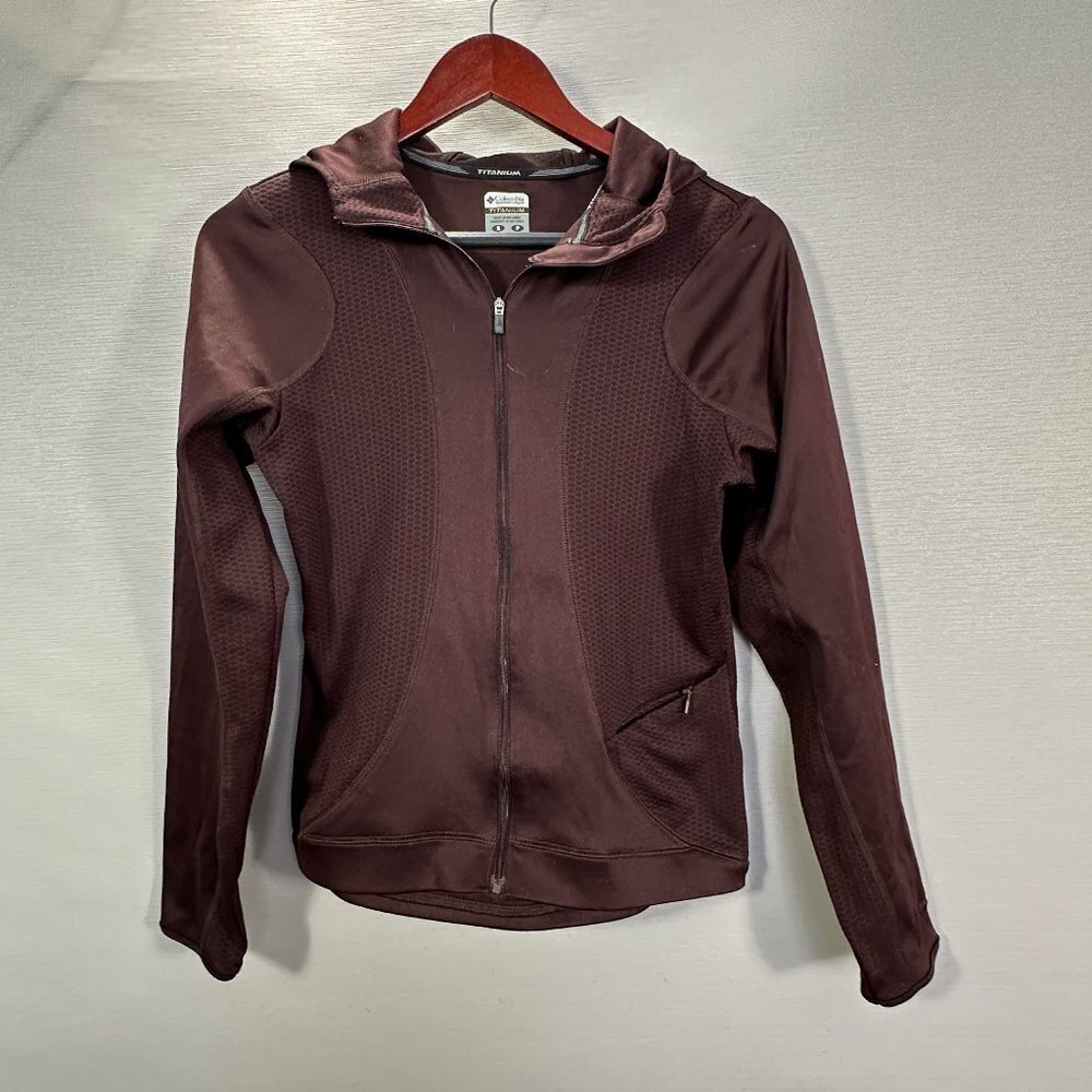 Columbia Hoodie Women Small Titanium Full Zip Brown Stretch Zip Pocket Logo